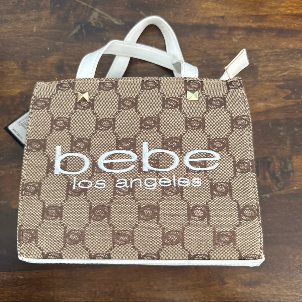 Bebe Mini Tan and White Logo Tote